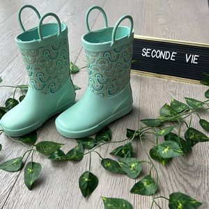 Mint green rainbow rain boots